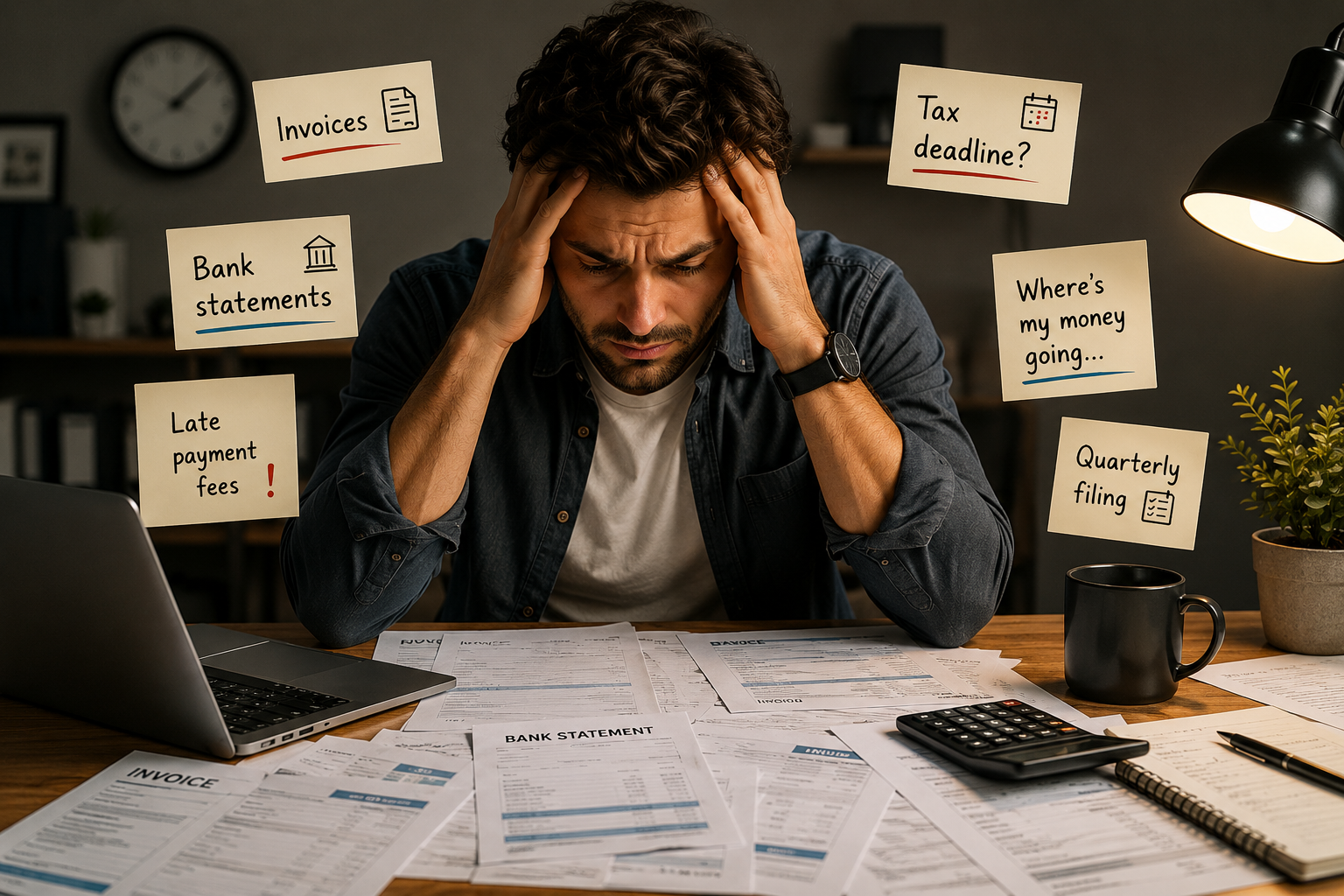 Business owner working with paperwork and financial documents